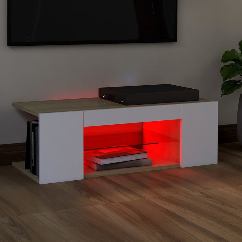 TV Cabinet with LED Lights White and Sonoma Oak 90x39x30 cm Payday Deals