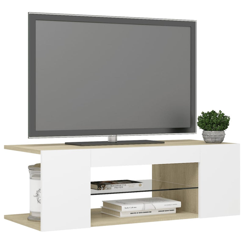 TV Cabinet with LED Lights White and Sonoma Oak 90x39x30 cm Payday Deals