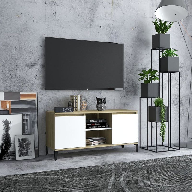 TV Cabinet with Metal Legs White and Sonoma Oak 103.5x35x50 cm Payday Deals