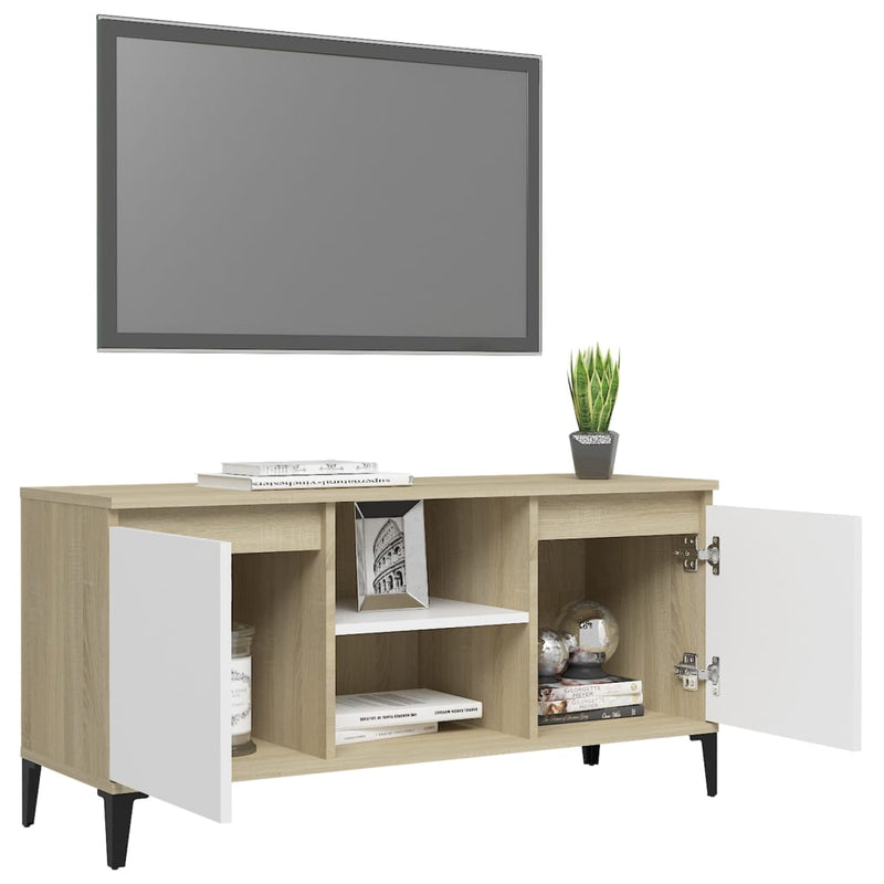 TV Cabinet with Metal Legs White and Sonoma Oak 103.5x35x50 cm Payday Deals