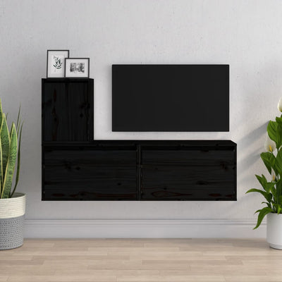 TV Cabinets 3 pcs Black Solid Wood Pine