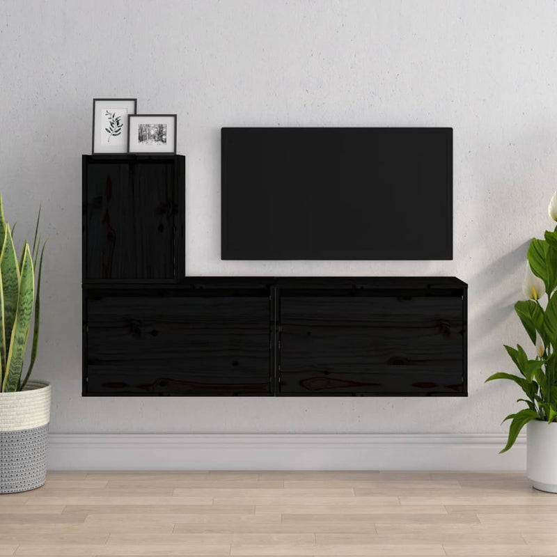 TV Cabinets 3 pcs Black Solid Wood Pine Payday Deals