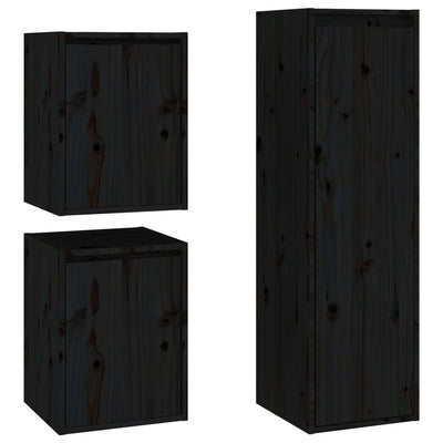 TV Cabinets 3 pcs Black Solid Wood Pine Payday Deals