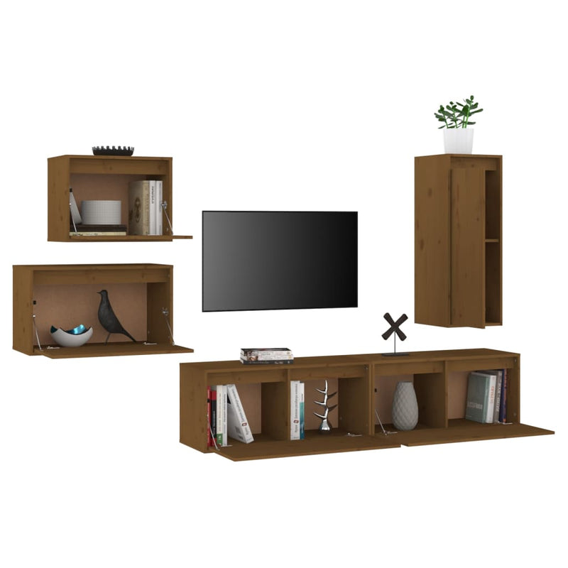 TV Cabinets 5 pcs Honey Brown Solid Wood Pine Payday Deals