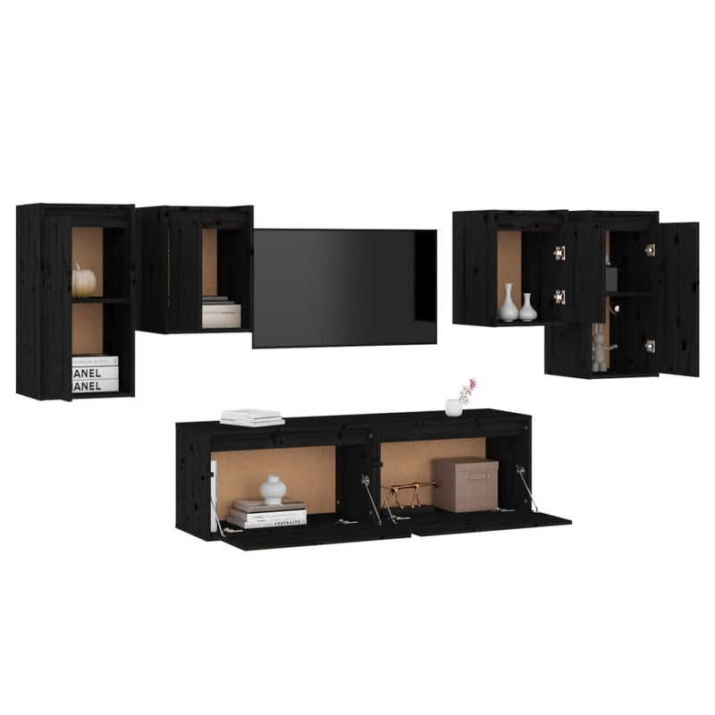 TV Cabinets 6 pcs Black Solid Wood Pine Payday Deals