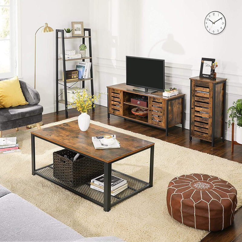 TV Stand Entertainment Unit with Open Shelves and Louvred Doors Storage, Rustic Brown and Black Industrial Payday Deals