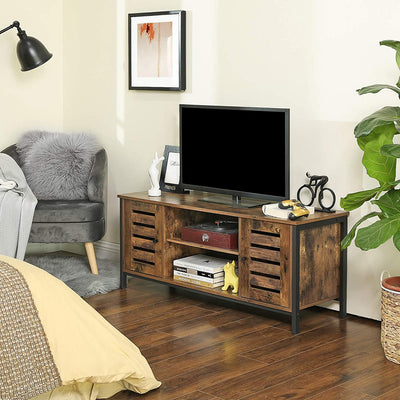 TV Stand Entertainment Unit with Open Shelves and Louvred Doors Storage, Rustic Brown and Black Industrial Payday Deals