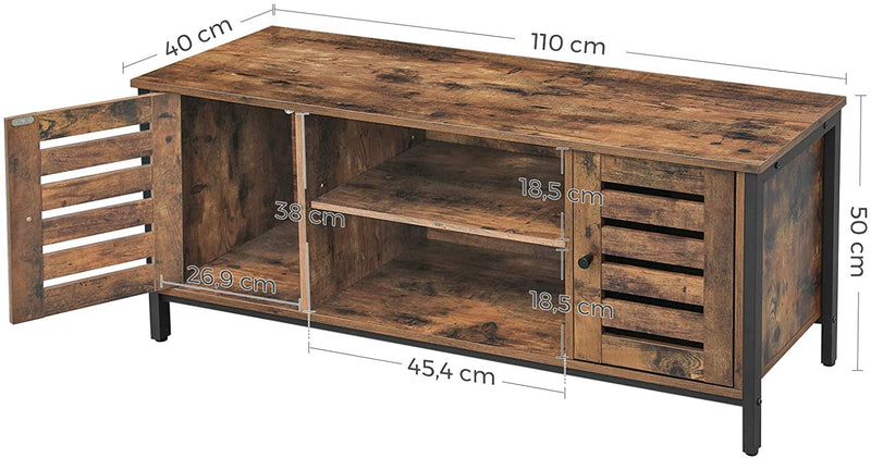 TV Stand Entertainment Unit with Open Shelves and Louvred Doors Storage, Rustic Brown and Black Industrial Payday Deals