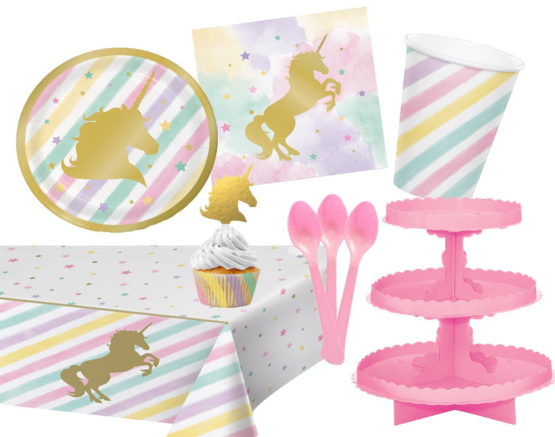 Unicorn Sparkle 8 Guest Deluxe Tableware Pack with Treat Stand Payday Deals