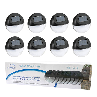 Utmark 8 Pack Round Solar LED Fence Lights Outdoor Lighting Pathway Wall Black Payday Deals