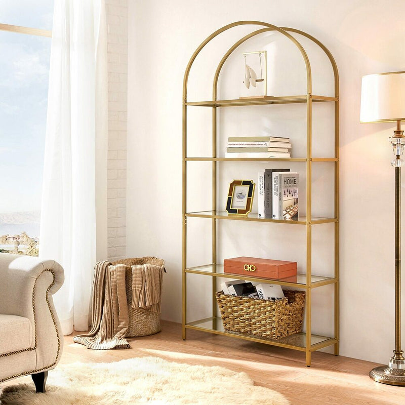 VASAGLE Bookshelf 5 Tier Tempered Glass with Gold Metal Frame LGT050A01 Payday Deals