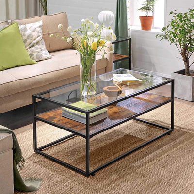 VASAGLE Coffee Table Glass Top Rustic Brown and Black LCT30BX Payday Deals