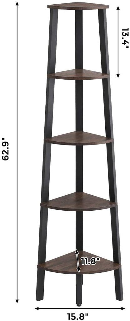 VASAGLE Corner Shelf 5 Tier Industrial Ladder Bookcase Storage Rack with Metal Frame Rustic Brown LLS35X Payday Deals
