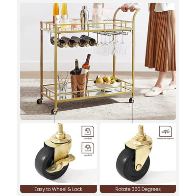 VASAGLE Gold Bar Serving Wine Cart With Wheels And Wine Bottle Holders LRC090A03 Payday Deals