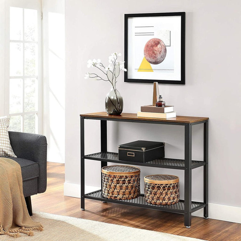 VASAGLE Industrial Console Table with 2 Mesh Shelves Rustic Brown and Black LNT81BX Payday Deals