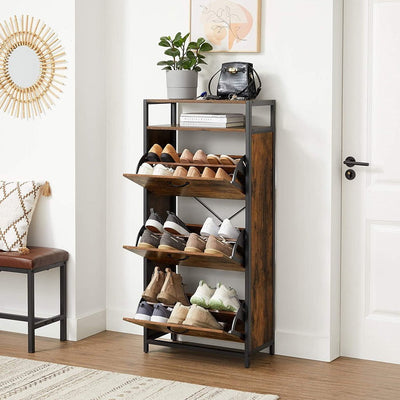 VASAGLE Shoe Cabinet 3 Tier with Shelf Rustic Brown and Black LBS101B01 Payday Deals