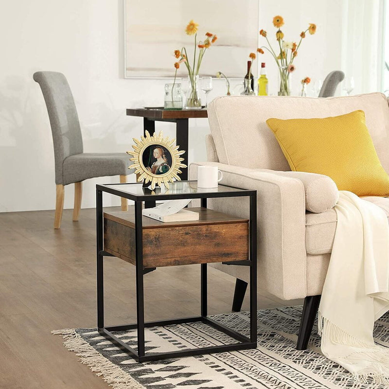 VASAGLE Side Table Tempered Glass End Table with Drawer and Shelf Rustic Brown and Black LET04BX Payday Deals