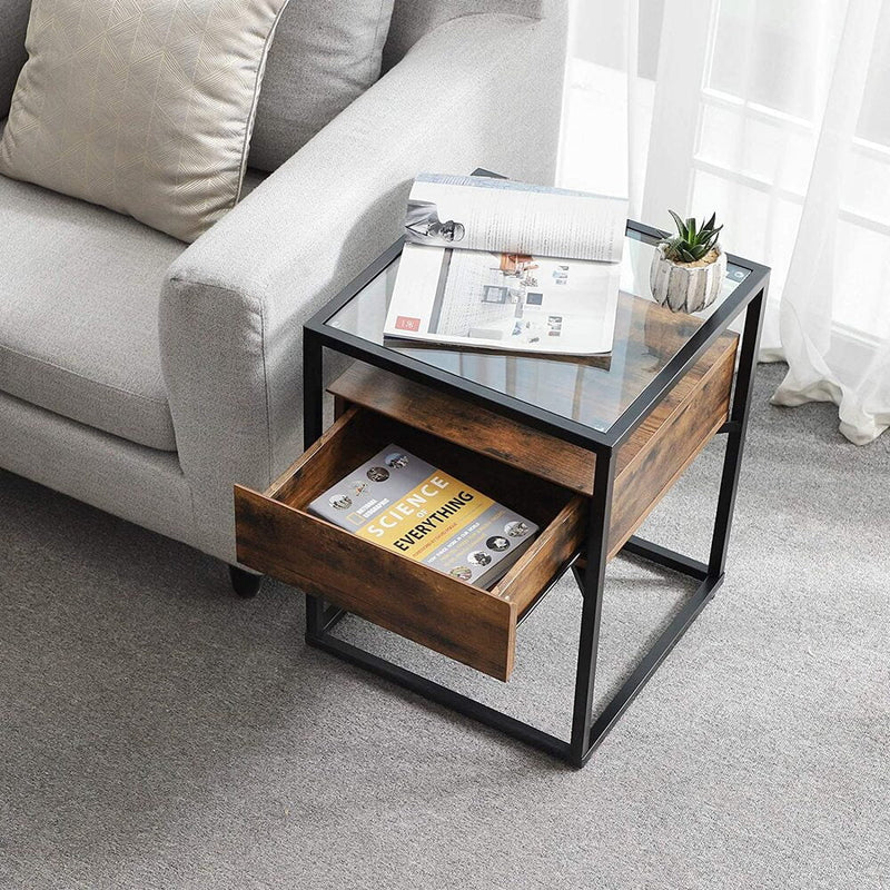 VASAGLE Side Table Tempered Glass End Table with Drawer and Shelf Rustic Brown and Black LET04BX Payday Deals