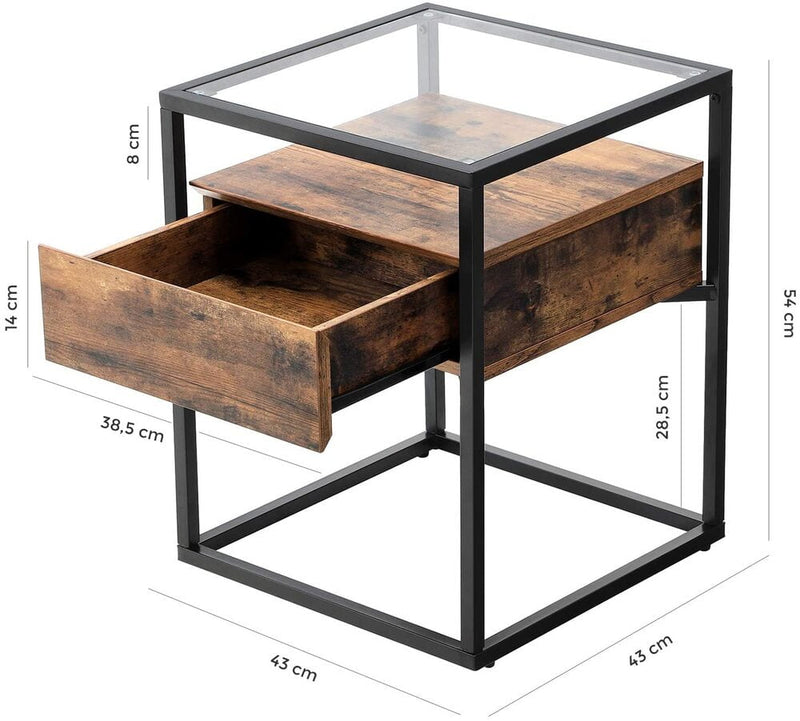 VASAGLE Side Table Tempered Glass End Table with Drawer and Shelf Rustic Brown and Black LET04BX Payday Deals