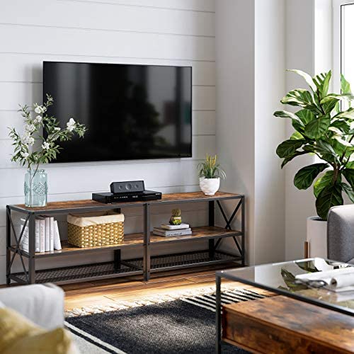 VASAGLE TV Cabinet Stand Lowboard for TVs up to 60 Inches with Shelves Steel Frame Vintage Brown/Black LTV094B01 Payday Deals