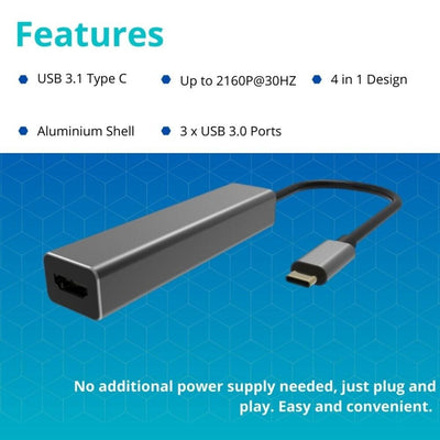 VCOM USB Type C to USB 3.0*3+RJ45 4 in 1 Hub (Aluminium Shell) - DH311A Payday Deals