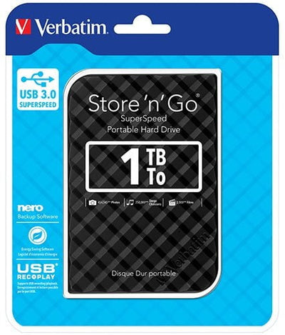 VERBATIM 1TB 2.5\' USB 3.0 Black Store\'n\'Go HDD Grid Design