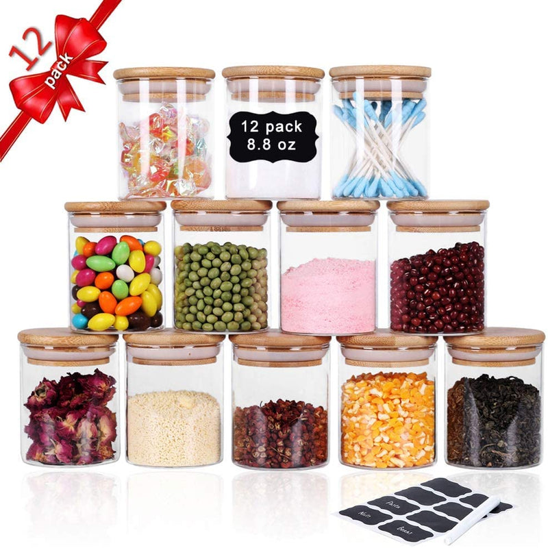 VIKUS 12 Pieces Glass Spice Jars for Kitchen Canisters with Airtight Bamboo Lids and Labels (250 ml) Payday Deals