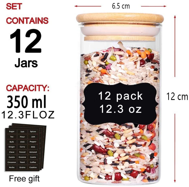 VIKUS 12 Pieces Glass Spice Jars for Kitchen Canisters with Airtight Bamboo Lids and Labels (350 ml) Payday Deals