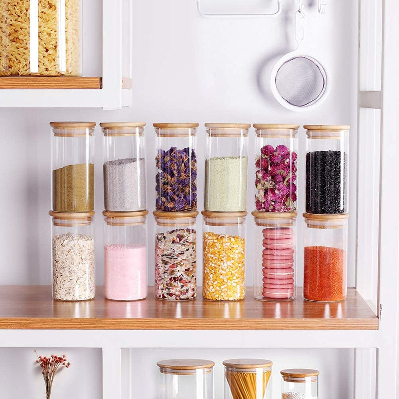 VIKUS 12 Pieces Glass Spice Jars for Kitchen Canisters with Airtight Bamboo Lids and Labels (350 ml) Payday Deals