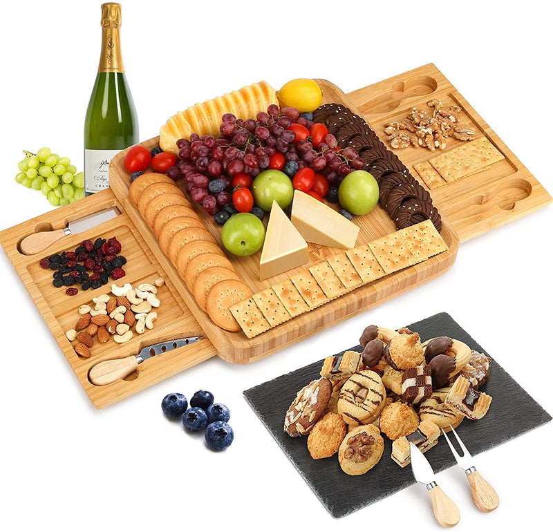 VIKUS Bamboo Cheese Board Set with Knife Set with 4 Stainless Steel Knife & Thick Wooden tray for Wine Crackers, Brie and Meat Payday Deals