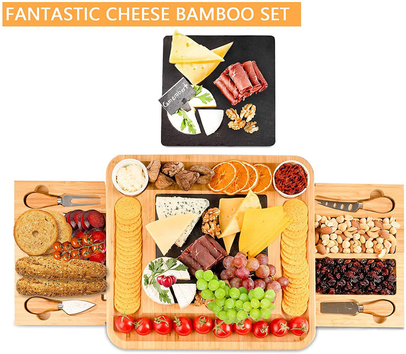 VIKUS Bamboo Cheese Board Set with Knife Set with 4 Stainless Steel Knife & Thick Wooden tray for Wine Crackers, Brie and Meat Payday Deals