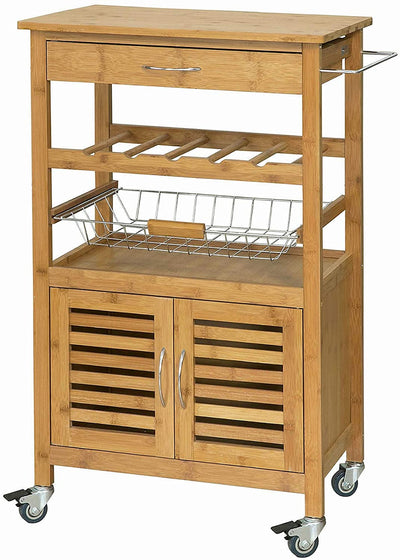 VIKUS Bamboo Kitchen Storage Trolley with Wine Rack