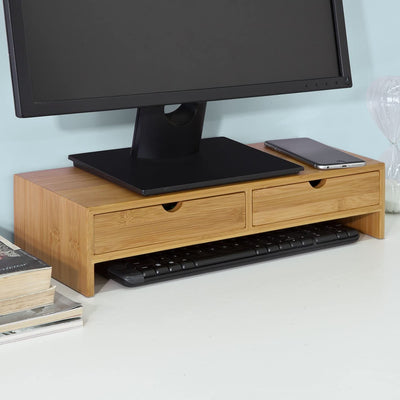 VIKUS Bamboo Monitor Stand Desk Organizer with 2 Drawers