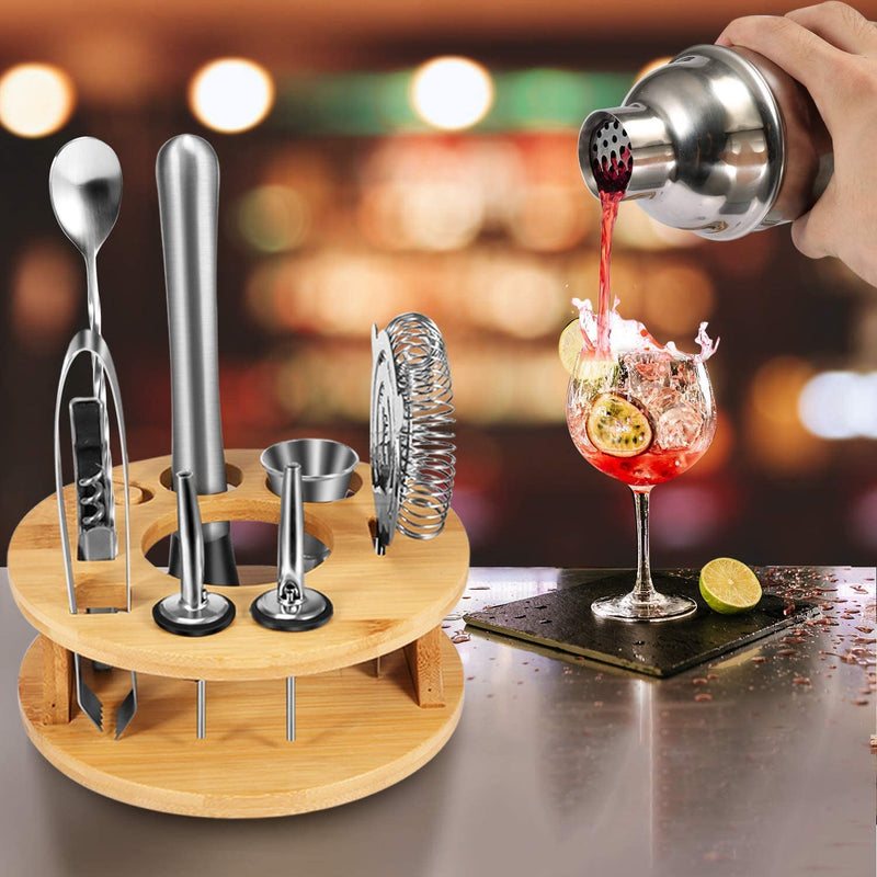 VIKUS Cocktail Shaker Set Bartender Kit with Rotating Bamboo and 10-Piece Stainless Steel Bar Tool Set Payday Deals