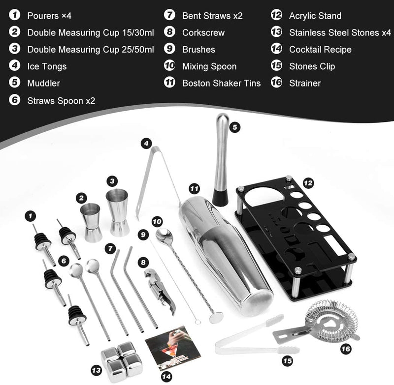 VIKUS Cocktail Shaker Set Boston 23-Piece Stainless Steel and Professional Bar Tools for Drink Mixing Payday Deals