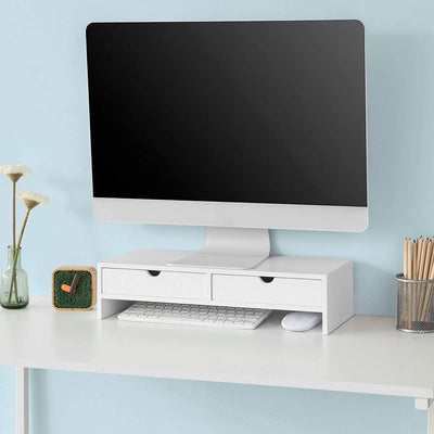 VIKUS White Monitor Stand Desk Organizer with 2 Drawers Payday Deals