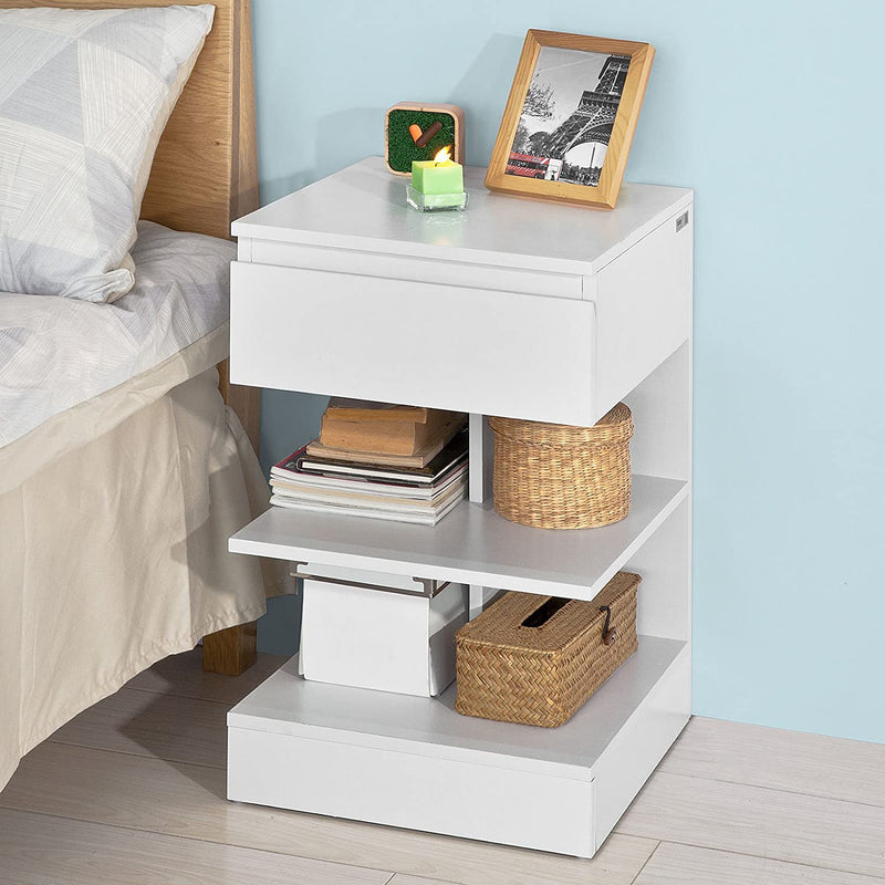 VIKUS White Side Table Bedside Table with 1 Drawer and 3 Shelves Payday Deals