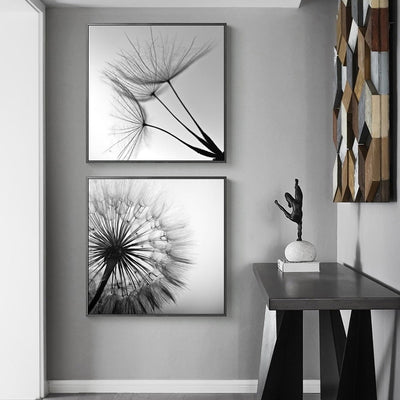 Wall Art 100cmx100cm Black and white dandelion 2 Sets Black Frame Canvas Payday Deals