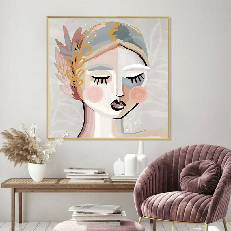 Wall Art 100cmx100cm Calm Girl Gold Frame Canvas Payday Deals