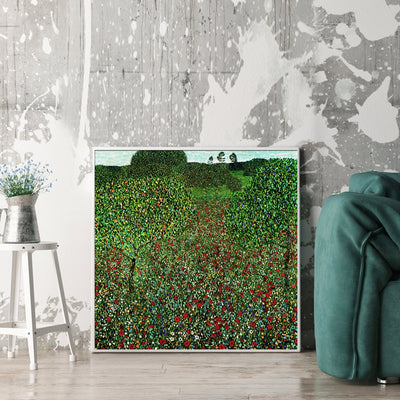 Wall Art 100cmx100cm Field of Poppies by Gustav Klimt White Frame Canvas Payday Deals