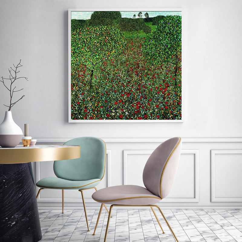 Wall Art 100cmx100cm Field of Poppies by Gustav Klimt White Frame Canvas Payday Deals