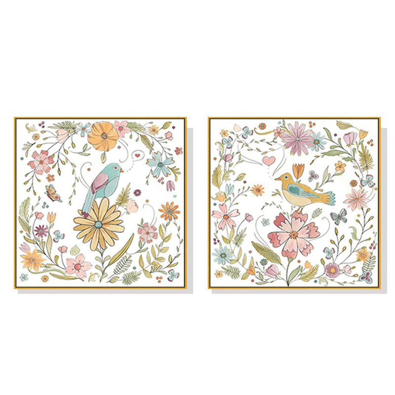 Wall Art 100cmx100cm Floral birds 2 Sets Gold Frame Canvas Payday Deals