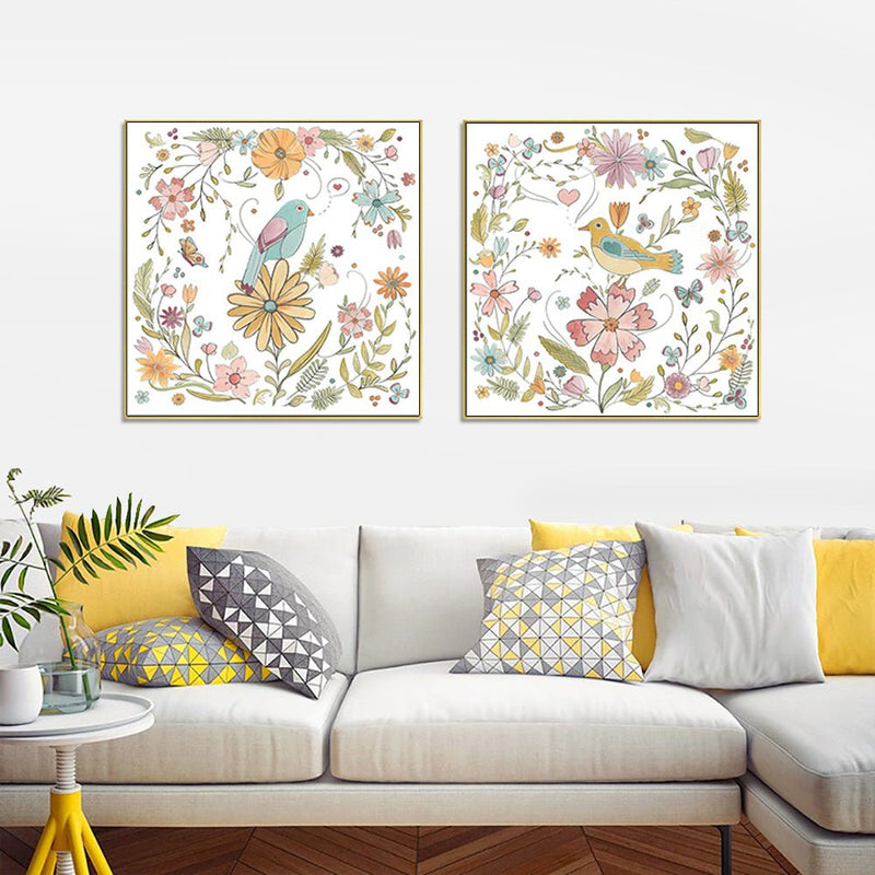 Wall Art 100cmx100cm Floral birds 2 Sets Gold Frame Canvas Payday Deals