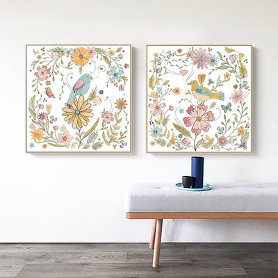 Wall Art 100cmx100cm Floral birds 2 Sets Gold Frame Canvas Payday Deals