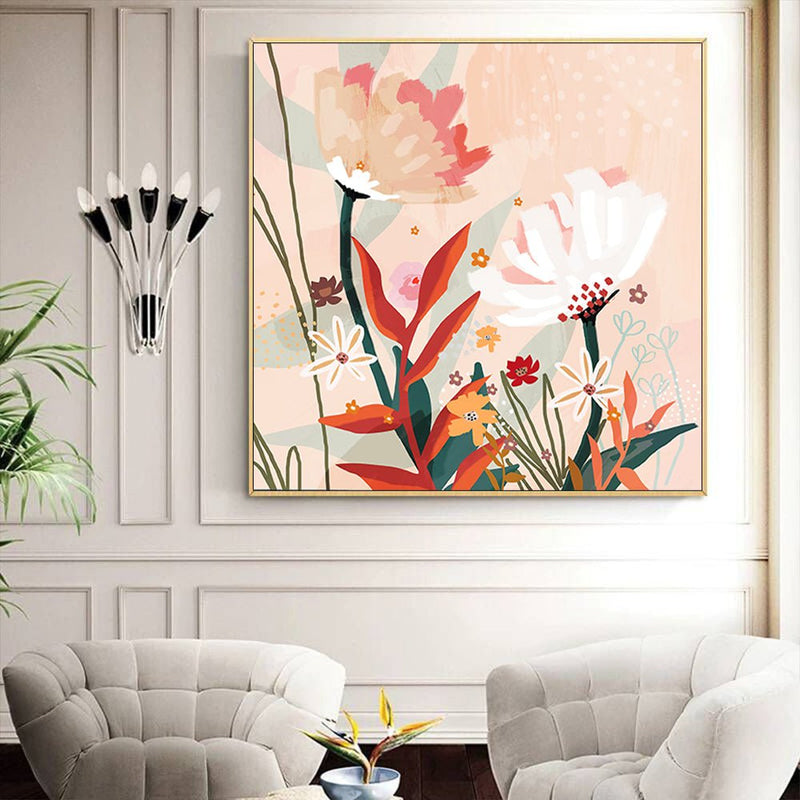 Wall Art 100cmx100cm Native Floral Gold Frame Canvas Payday Deals