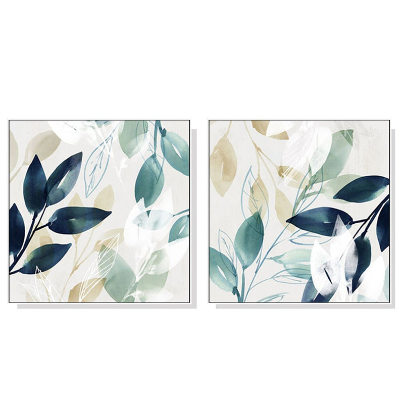 Wall Art 100cmx100cm Watercolour style leaves 2 Sets White Frame Canvas Payday Deals