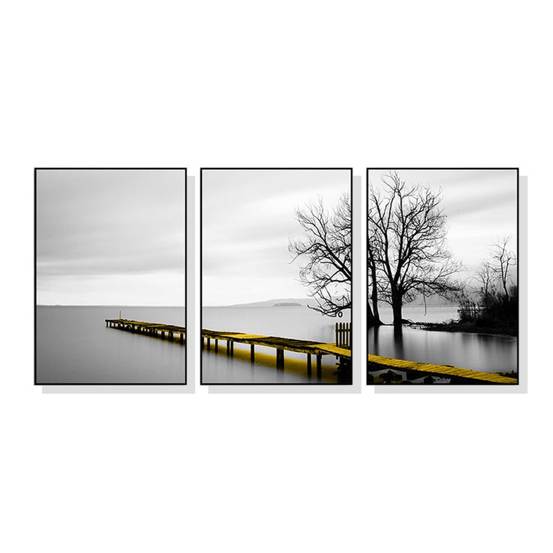 Wall Art 100cmx150cm Calm Lake Bridge Tree Scene 3 Sets Black Frame Canvas Payday Deals