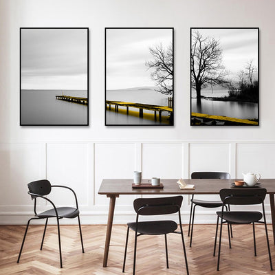 Wall Art 100cmx150cm Calm Lake Bridge Tree Scene 3 Sets Black Frame Canvas Payday Deals