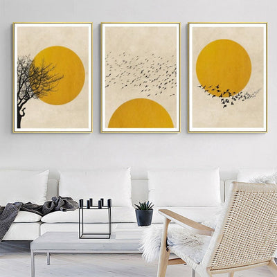 Wall Art 100cmx150cm Flock Of Birds Sun Silhouette 3 Sets Gold Frame Canvas Payday Deals