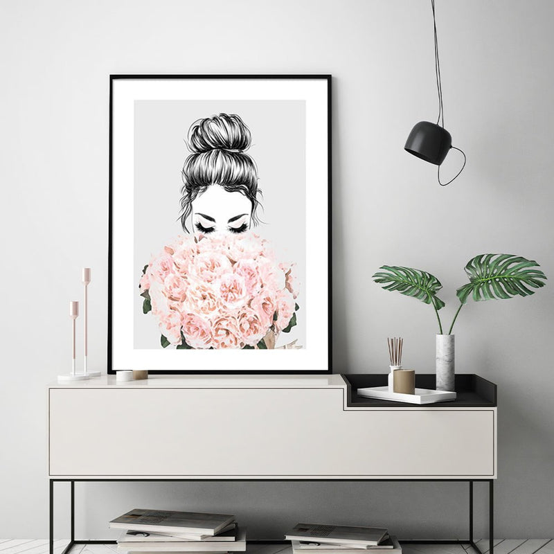 Wall Art 100cmx150cm Roses Girl Black Frame Canvas Payday Deals